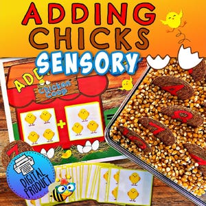 May include: A printable educational activity for kids featuring a red and white chicken coop with the text "Chicken Coop" and the word "Adding Chicks Sensory". The activity includes a number of yellow chicks, a plus sign, and a number 7. The image also shows a clear container filled with yellow corn kernels and brown numbers.