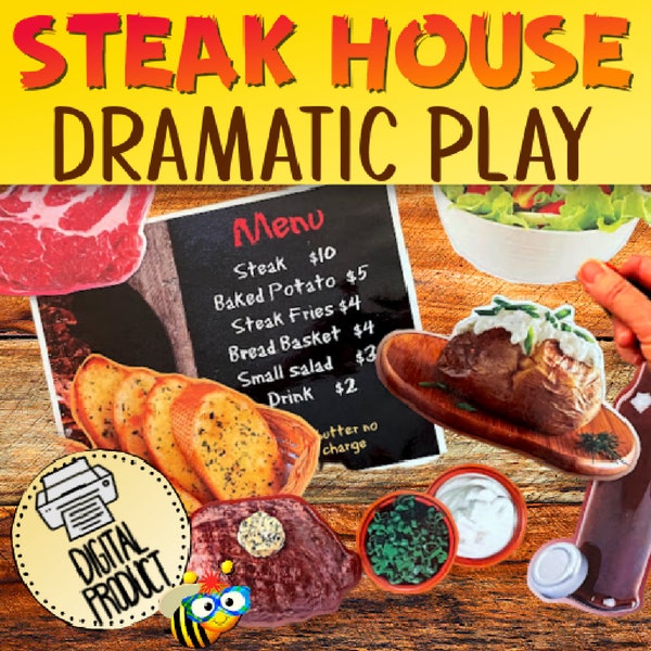 Steak House Dramatic Play | Food Pretend Play |  Food Cutouts | PreK Pretend Play | Preschool | Food Bulletin Board | Homeschool Play