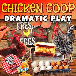 以下が含まれることがあります： 「CHICKEN COOP DRAMATIC PLAY」のテキストが入ったカラフルな画像。 「FRESH EGGS」と書かれた木製の看板、卵のカートン、サンドイッチ、鶏、雄鶏、蜂の切り抜きが特徴です。