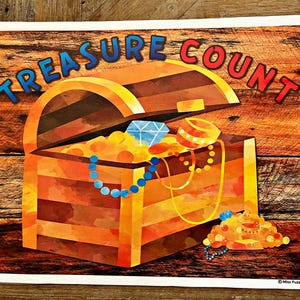 May include: A wooden treasure chest with a blue and red "Treasure Count" sign. The chest is open and filled with gold coins, jewels, and necklaces.