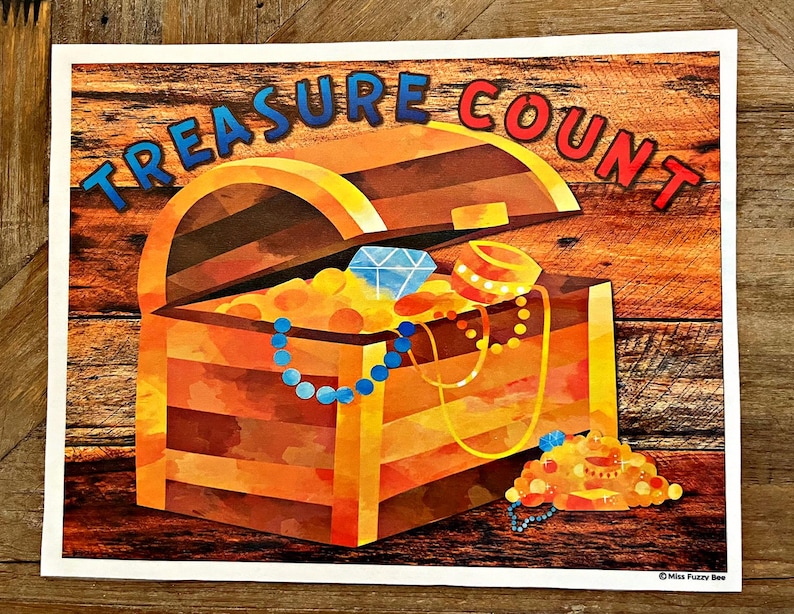 May include: A wooden treasure chest with a blue and red "Treasure Count" sign. The chest is open and filled with gold coins, jewels, and necklaces.