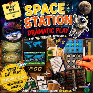 de jeu dramatique Station spatiale | Imprimable | Téléchargement numérique | Contrôle de mission des astronautes, laboratoire scientifique | Découpes pour tableaux d'affichage
