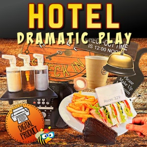 May include: A digital product image with the text "HOTEL DRAMATIC PLAY". The image includes a bell, room service items like sandwiches, fries, and cake, and toiletries. A sign reads "CHECK-OUT TIME IS 12:00 NOON".