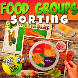 May include: A printable food group sorting activity for kids. The image shows a colorful plate divided into four sections labeled "Fruits", "Proteins", "Vegetables", and "Dairy". There are images of different foods in each section.