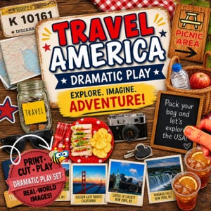 May include: A Travel America dramatic play set featuring a sign with the text Travel America Dramatic Play Explore Imagine Adventure, a picnic area sign, a jar of coins, a camera, a sandwich, potato chips, and photos of US landmarks.