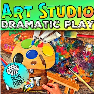 May include: A digital product for dramatic play in an art studio. The image shows a wooden palette with paint, paintbrushes, and a sign that says "Paint It".
