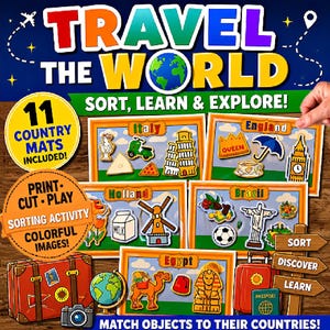 May include: A printable educational sorting activity titled TRAVEL THE WORLD SORT, LEARN & EXPLORE! featuring 11 country mats with colorful cut-out images of landmarks and cultural icons for Italy, England, Holland, Brazil, and Egypt on a wooden background.