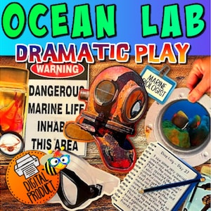 May include: A digital product for dramatic play themed around ocean exploration. The image features a warning sign that reads "Dangerous Marine Life Inhab This Area", a diving helmet, a porthole with a view of coral reef, a notebook with a dive log, and a digital product logo with a bee.