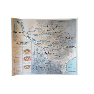 Ancienne affiche scolaire MDI : France « Cultures industrielles et forêts » / Garonne Bordeaux Toulouse  / Mappemonde France / Magic'Puce