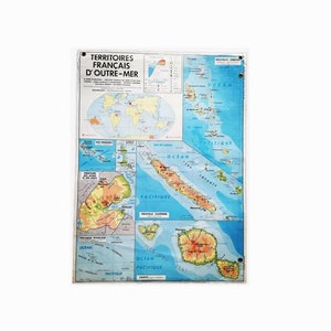 Old MDI map of the French overseas departments and territories - DOM-TOM / vintage poster / old geography map // Magic'Puce