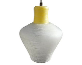 Vintage 1950s white and yellow textured glass pendant light / Vintage engraved white glass chandelier // Old lampshades // Magic'Puce