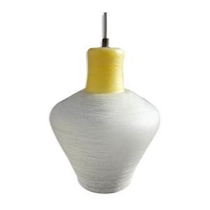 Vintage 1950s white and yellow textured glass pendant light / Vintage engraved white glass chandelier // Old lampshades // Magic&#39;Puce