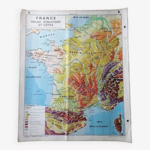 Ancienne carte scolaire France éd.Hatier Armand Colin  / Ancienne carte France vintage / Magic'Puce / Mappemonde