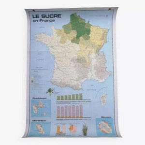 Vecchio poster della mappa scolastica MDI: Zucchero in Francia e in Europa / Mappemonde Europe France / Magic'Puce
