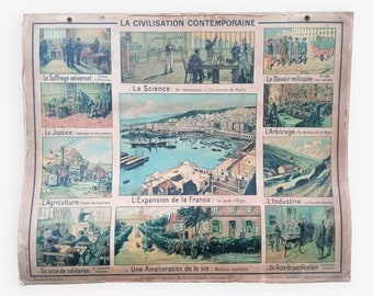 Ancienne carte scolaire Historique La Révolution-La civilisation contemporaine / Ancienne affiche histoire scolaire / Magic'Puce