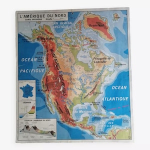 Ancienne carte d'école Amérique du nord - Asie physique vintage MDI / Poster vintage America-Asia / Magic'Puce