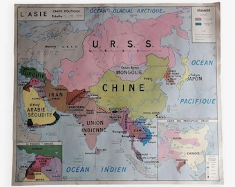 Vintage school map of Asia, USSR, South America / Russia, Brazil, China / Original poster France MDI / Magic'Puce