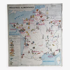 Ancienne affiche scolaire MDI : France population et Industries Alimentaires / Affiche Scolaire originale Vintage / Magic'Puce