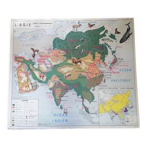 Ancienne carte d'école Amérique du nord - Asie économique vintage MDI / Poster vintage Asia - Magic'Puce