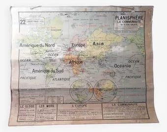 Old Vidal Lablache 22 Community Planisphere Map - 1950 / World Map - World Map / Vintage France / Magic'Puce