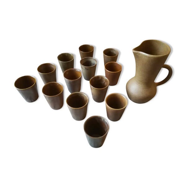 Ensemble de 13 Verres en Grès Digoin et Leur Carafe/Service Magic'puce