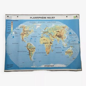 Ancienne carte MDI scolaire : Le monde, planisphère politique et relief / Ancienne carte / Mappemonde / Magic'Puce