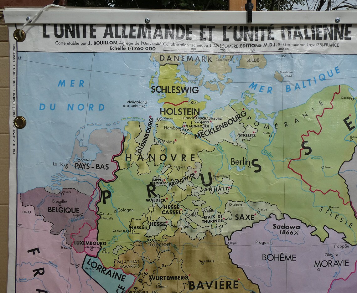 Carte d'école vintage MDI L'unité Allemande et Italienne / Ancienne