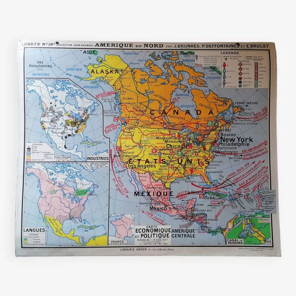 Old North America school map N19 by J. Brunhes. / Map of North America Canada USA / Vintage France / Magic'Puce