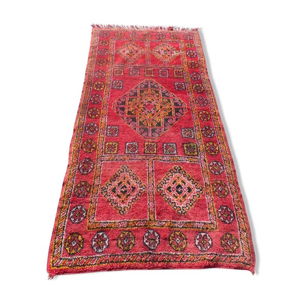 Tapis Berbère Marocain Vintage Boujaad de Khenifra 250x120 cm/Tapis Berbère Vintage Fait à La Main -