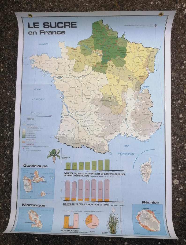 Old MDI School Map Poster: Sugar in France and Europe / Mappemonde ...