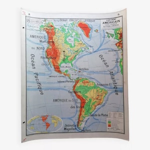 Old physical map American continent Vidal-Lablache // original vintage Lablache map made in France // Magic'Puce