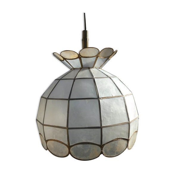 Suspension Abat Jour Ancien en Nacre et Laiton Vintage - Suspension Boule/Fleur Magic'puce