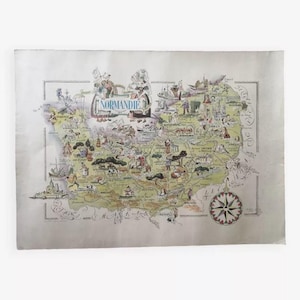 Ancienne carte France Normandie Jacques Liozu 1951 / ancienne carte géographie France // Magic'Puce