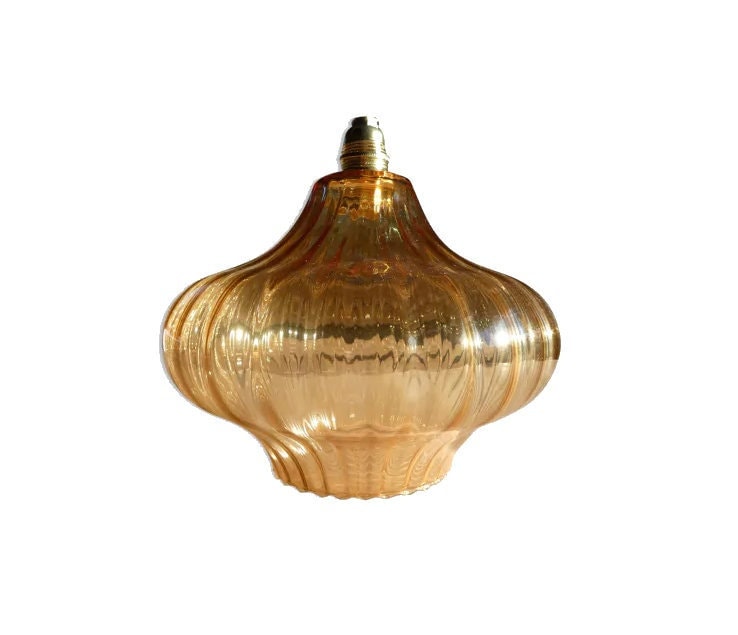 Vintage Amber Glass Bell Pendant Lamp 