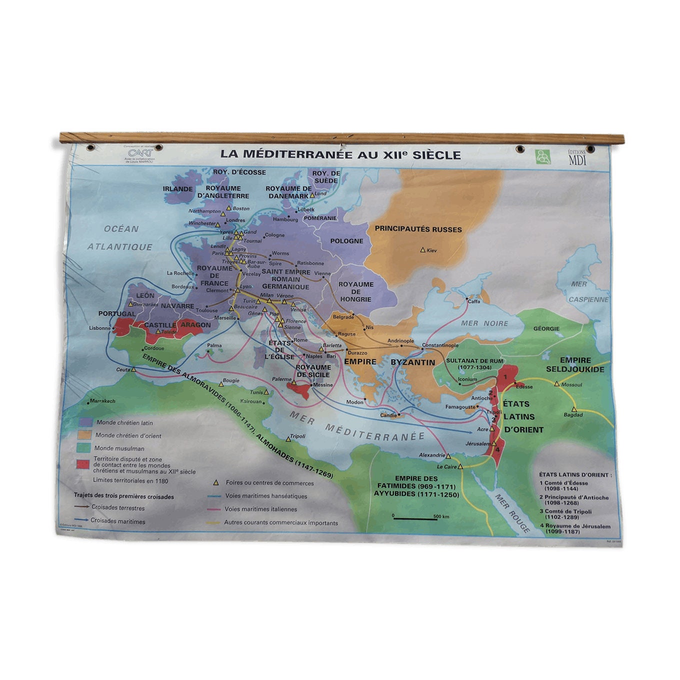 Ancienne Carte Scolaire de La Méditerranée Au Xiie Siècle Vintage/Ancienne Mappemonde Magic'puce