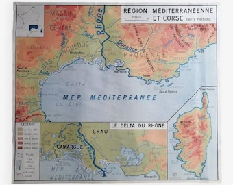 Vintage school map of France, Mediterranean, Corsica, Massif Central / Original poster of France, MDI / Magic'Puce
