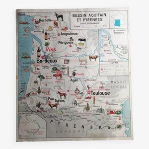 Affiche carte MDI économique - Pyrénées, bassin Aquitain, alpes et Jura  / Affiche Scolaire originale Vintage / Magic'Puce