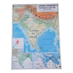 Vecchia mappa MDI India-Unione Indiana Pakistan Ceylon / Mappa India / Mappa mondo / Made in France // Magic'Puce