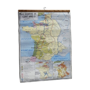 Ancienne carte d'école vintage MDI "La Guerre de cent ans" // Carte école // Ancienne carte / Mappemonde / Magic'Puce