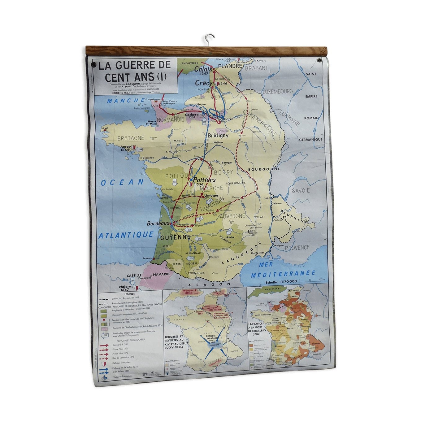 Ancienne Carte d'école Vintage Mdi La Guerre de Cent Ans // Carte École Ancienne/Mappemonde Magic'pu