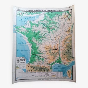 Ancienne carte France physique N11 Hatier Kaeppelin cartonnée / Carte Scolaire originale France Vintage / Magic'Puce