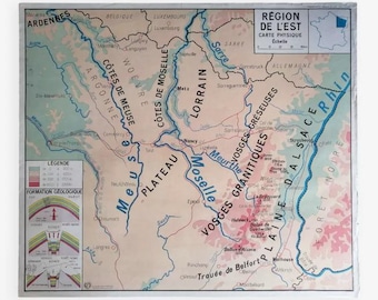 Vintage school map of France, Northern and Eastern Regions / Original poster of France, MDI / Magic'Puce