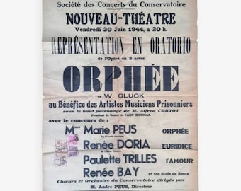 Ancienne affiche de théâtre Opéra Orphée Juin 1944 Perpignan // Affiche Seconde guerre mondiale / Affiche originale France / Magic'Puce