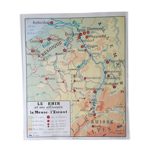 Poster vintage school map nightingale: France, the rhine / hillsides of the sleeve / old map geography France // Magic'Puce