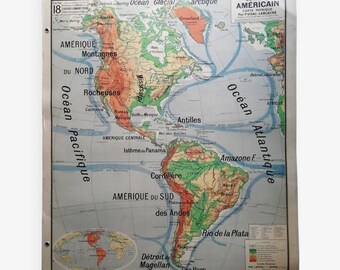 Vintage Lablache school map of the American continent - America USA / Old map / Magic'Puce / World map