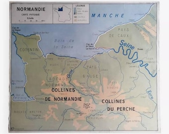 Vintage school map of France, Normandy, and the Paris Basin (physical) / Original poster of France (MDI) / Magic'Puce