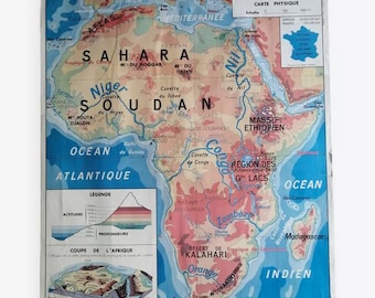 Vintage MDI school map: Africa-Europe physical map / MDI edition Africa-Europe school map / Vintage Africa poster - Magic'Puce