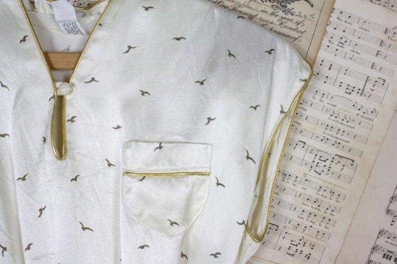 ON SALE Vintage 70s80s RARE Avant Garde Satin { Seagull } Dress Metallic Gold Trim S
