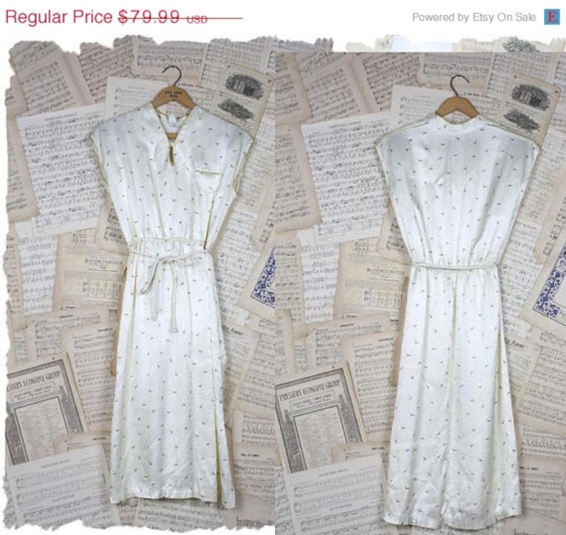 ON SALE Vintage 70s80s RARE Avant Garde Satin { Seagull } Dress Metallic Gold Trim S