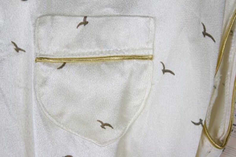 ON SALE Vintage 70s80s RARE Avant Garde Satin { Seagull } Dress Metallic Gold Trim S